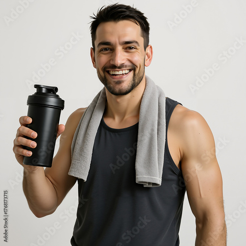 Young man smiling while holding a shaker and wearing a towel  