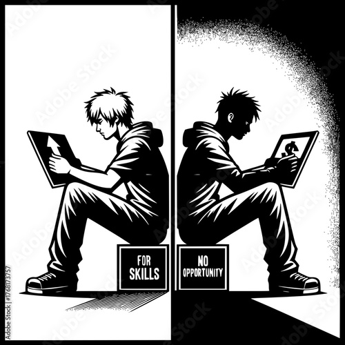 Youth Applying for Job: A stark, black and white illustration depicts two figures each engrossed with their tablets, symbolizing a stark contrast between skill development and lack of opportunity.