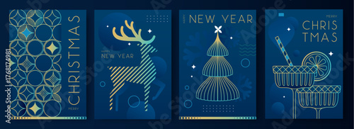 Set of Christmas holiday flat posters on blue background. Line art vector illustration. Futuristic Christmas greeting card design. Vector illustration