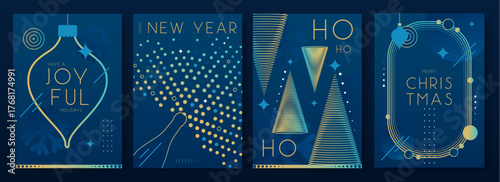 Set of Christmas holiday flat posters on blue background. Line art vector illustration. Futuristic Christmas greeting card design. Vector illustration