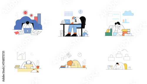 Set, Exhausted male character or freelancer in an office during a financial crisis struggling for his business. Small business owner, private entrepreneur facing difficulties or problems.