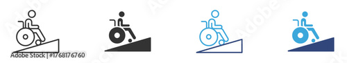 A person in a wheelchair using an accessibility ramp icon, Simplified icon, vector illustration .