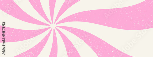 Groovy swirl starburst background. Retro spiral rays. Vintage abstract pattern with grunge texture. Funky wave bg.