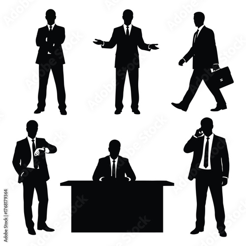 Silhouette business people poses collection professional men suits briefcase office scenarios vector
