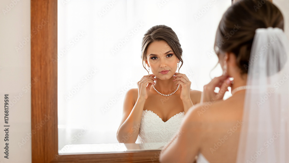 Obraz premium Bride adjusting her earrings while looking in mirror