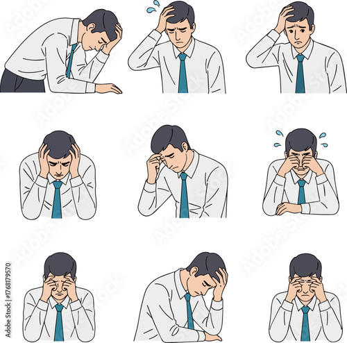 Create a kinds of deferent Simple vector illustration of a young businessman holding his head and worrying vector art with white background..