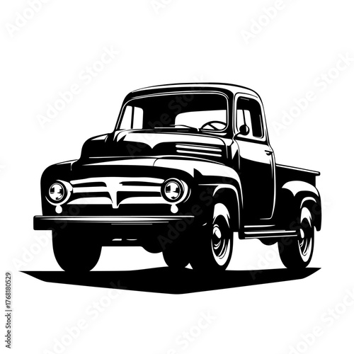 Black and white vector silhouette of a Classic Pickup Truck