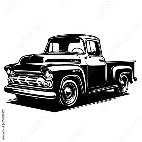 Black and white vector silhouette of a Classic Pickup Truck