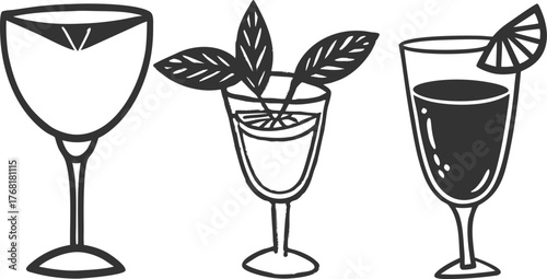 Elegant vector illustration of glasses of champagne for a party or celebration with a selection of cocktail drinks