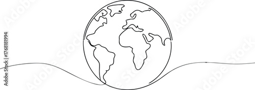 Black line art globe with continents and wavy lines