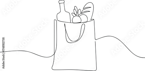 Single line drawing of a grocery bag with food items