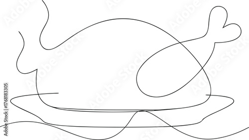 Single line drawing of a roasted chicken on a platter