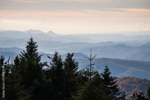 Fototapeta Naklejka Na Ścianę i Meble -  The mountains are covered in trees and the sky is cloudy - vew from Wielka Racza in Beskids Mountains, Poland.