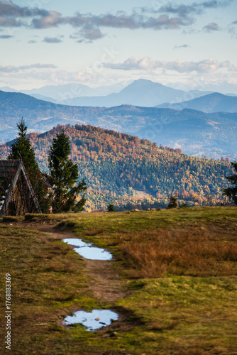Fototapeta Naklejka Na Ścianę i Meble -  The mountains are covered in trees and the sky is cloudy - vew from Wielka Racza in Beskids Mountains, Poland.