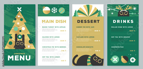 Restaurant Christmas holiday flat menu design with funny cats on emerald green background. Vector illustration