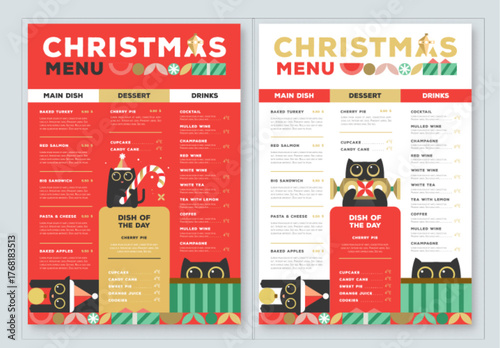 Restaurant Christmas holiday flat menu design with funny cats. Vector illustration