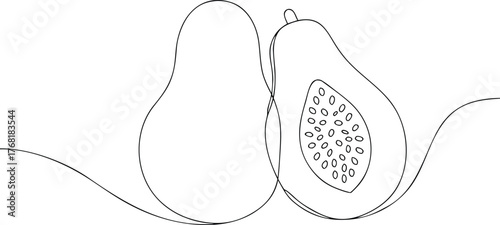Single line drawing of a whole and halved avocado fruit