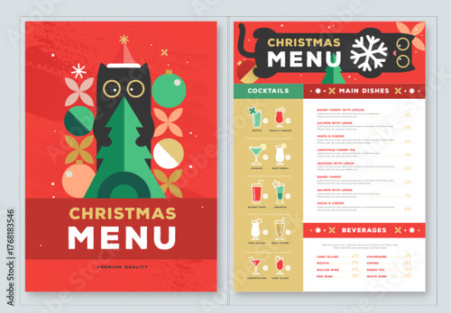 Restaurant Christmas holiday flat menu design with funny cats. Vector illustration