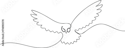 Single line drawing of an owl in flight bird wings spread