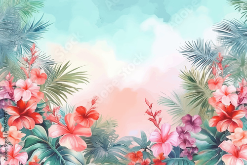 tropical flowers and palm tree leaves vector illustration with empty area for summer and nature background concept