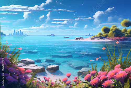 tropical beach with beautiful sky and clear sea water vector illustration for travel and summer vacation concept