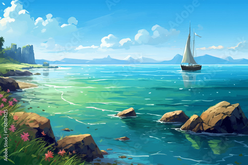 tropical beach with boat and clear sea water vector illustration for travel and summer vacation concept