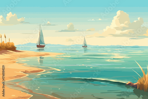 tropical beach with boat and clear sea water vector illustration for travel and summer vacation concept