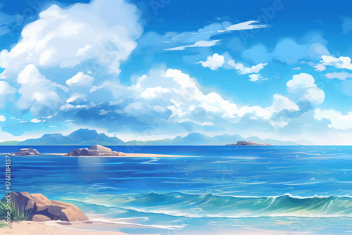tropical beach with beautiful sky and clear sea water vector illustration for travel and summer vacation concept