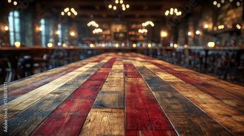 Textured wooden table with colorful planks, warm blurred empty tavern interior lighting