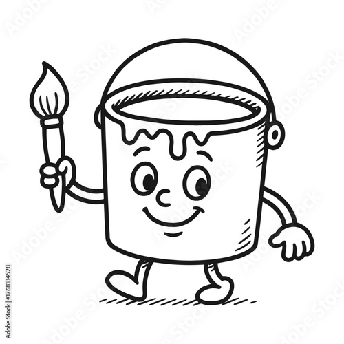 Happy paint bucket character holding a paintbrush, smiling cheerfully while walking, showcasing creativity and artistic expression in a playful illustration style