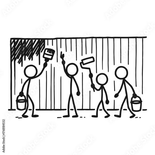 Group of stick figure characters painting a wall together with paint rollers and brushes, showcasing teamwork and collaboration in a creative environment with copy space