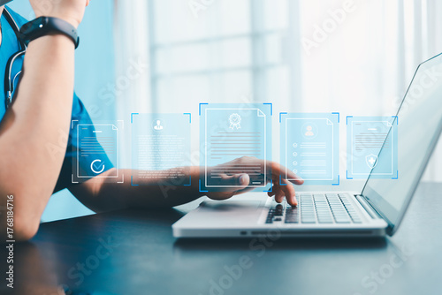 Doctor and medical worker in virtual environment to manage health information, quality certificates, checklists, document, analyst support marketing planning, medical report, work quality standard.