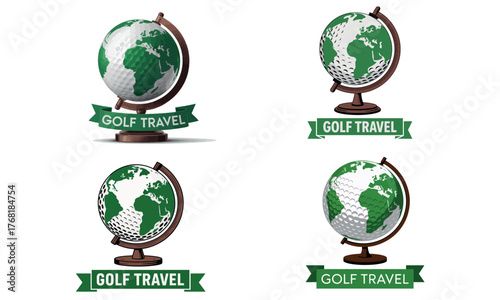 Golf travel globe logo illustration combining golf ball and earth concept
