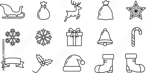 Hand-drawn Christmas icons set including sleigh, gift, reindeer, star, and candy cane