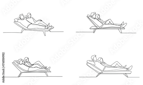 Continuous line drawing of couple relaxing on sun loungers
