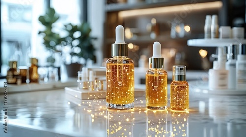 Trio of glowing golden liquid dropper bottles on a reflective marble surface