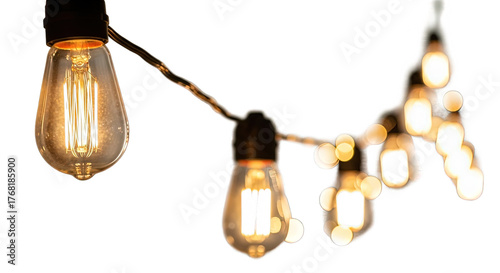 String of vintage edison light bulbs isolated on transparent background, emitting a warm glow, perfect for decorative lighting or festive atmosphere themes and designs
