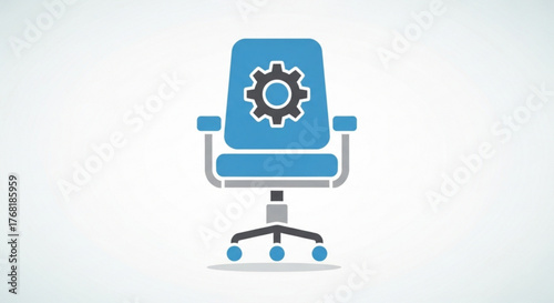 Blue office chair with gear icon, representing job vacancy, recruitment, and human resources