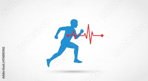 A blue silhouette of a running man with a red heart rate line, , representing health, fitness, and cardiovascular activity