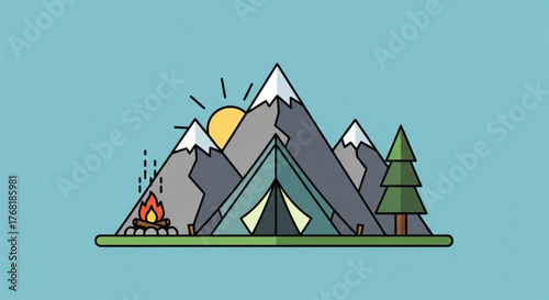 Camping scene illustration with mountains, tent, campfire, and sun, creating a serene outdoor adventure and naturethemed design on a blue background