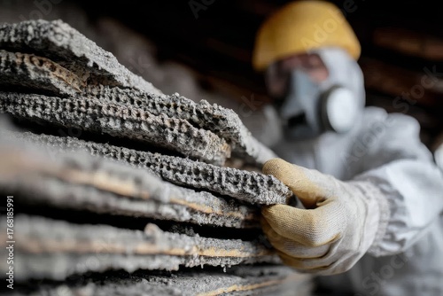 Asbestos Removal Specialist Inspecting Damaged Insulation in Attic Low Angle View Hazardous Material Abatement Professional in Protective Gear