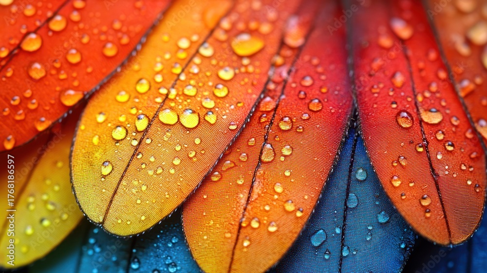 Fototapeta premium Vibrant gradient of yellow, orange, red, and blue overlapping surfaces with water droplets