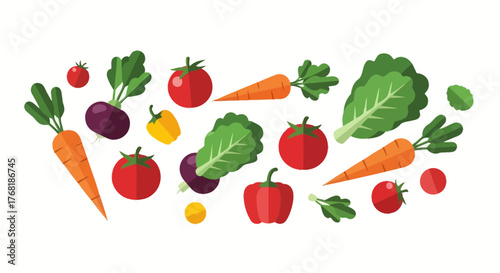 Fresh garden vegetables arrangement, crisp carrots, tomatoes, peppers, beets, and lettuce, vibrant and healthy for cooking and culinary designs, from vector art