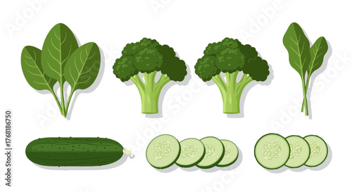 Freshly sliced cucumbers, vibrant spinach, and healthy broccoli create an inviting visual for wellness, nutrition, and balanced diet promotions