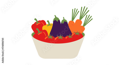 Vibrant bowl overflowing with fresh vegetables, a colorful bounty including tomatoes, peppers, eggplants, and carrots, perfect for healthy eating concepts