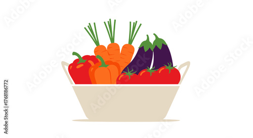Vibrant basket overflowing with fresh, colorful vegetables like carrots, tomatoes, peppers, and eggplants – a healthy bounty perfect for promoting nutrition