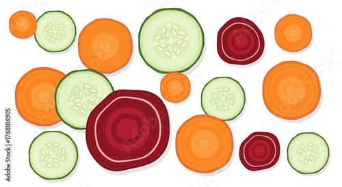 Freshly sliced carrots, cucumbers, and beets create a vibrant vegan medley perfect for healthy eating campaigns and cooking inspiration, originally designed as vector art