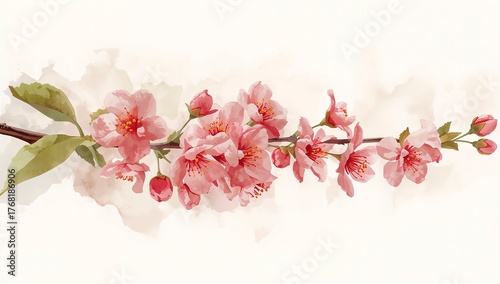 Watercolor painting of delicate pink cherry blossoms on a branch against a soft beige background creating a serene and elegant floral design element