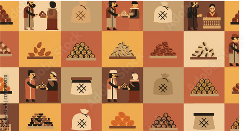 Flat Vector Seamless Pattern of Afghan Autumn Bazaar with Firewood, Dried Fruits, and Vendors in Warm Tones