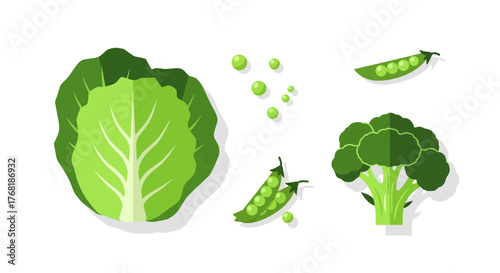 Fresh garden greens, vibrant broccoli, peas and cabbage, a healthy and colorful vegetable medley promoting well-being and nutritious eating habits